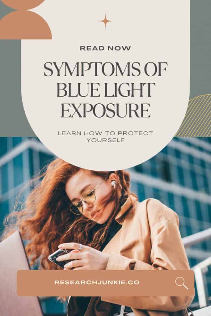 symptoms of blue light exposure. A girl wearing blue light glasses staring at her cell phone with her laptop open